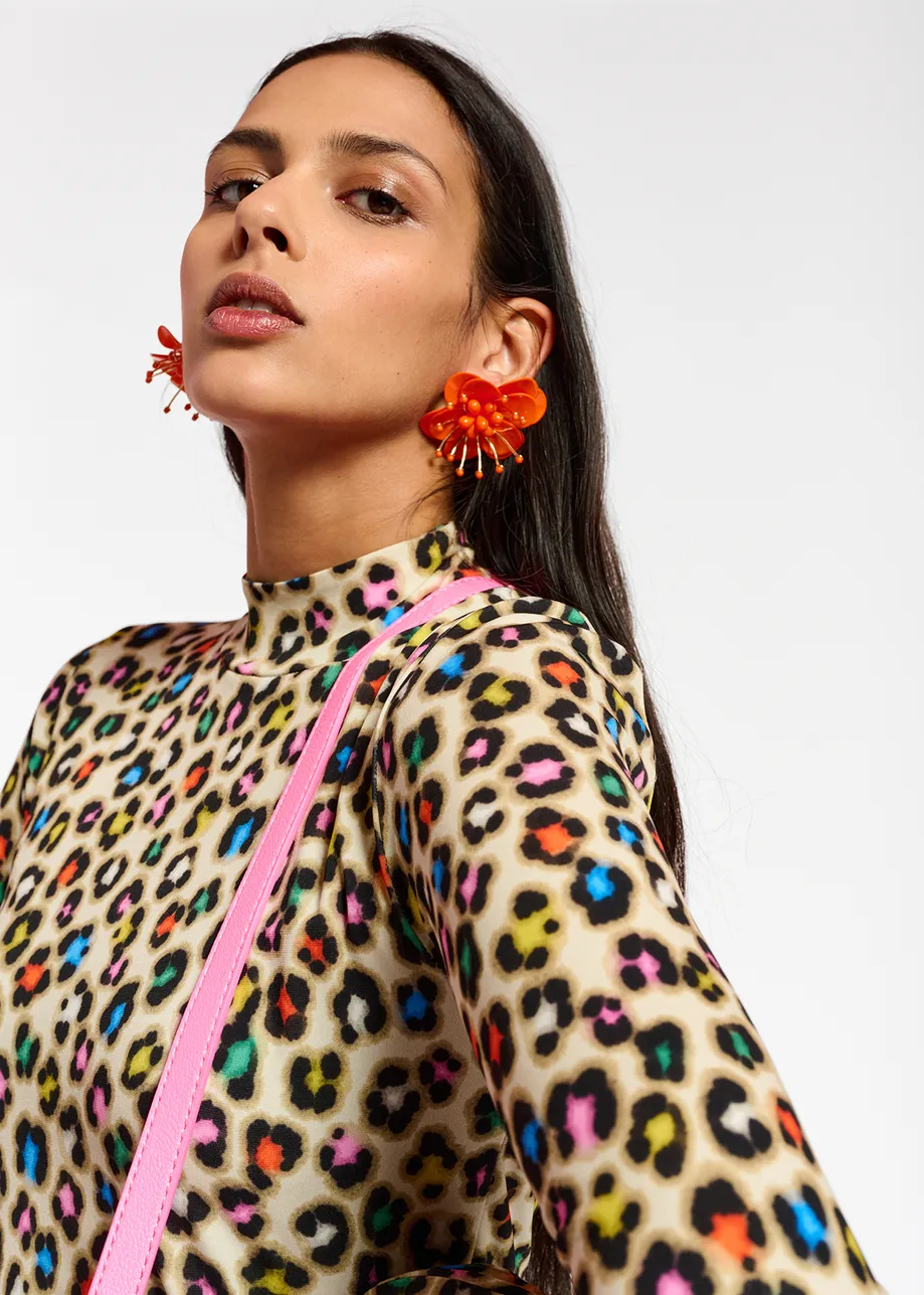 Beige stretch-jersey maxi dress with multicolor leopard print