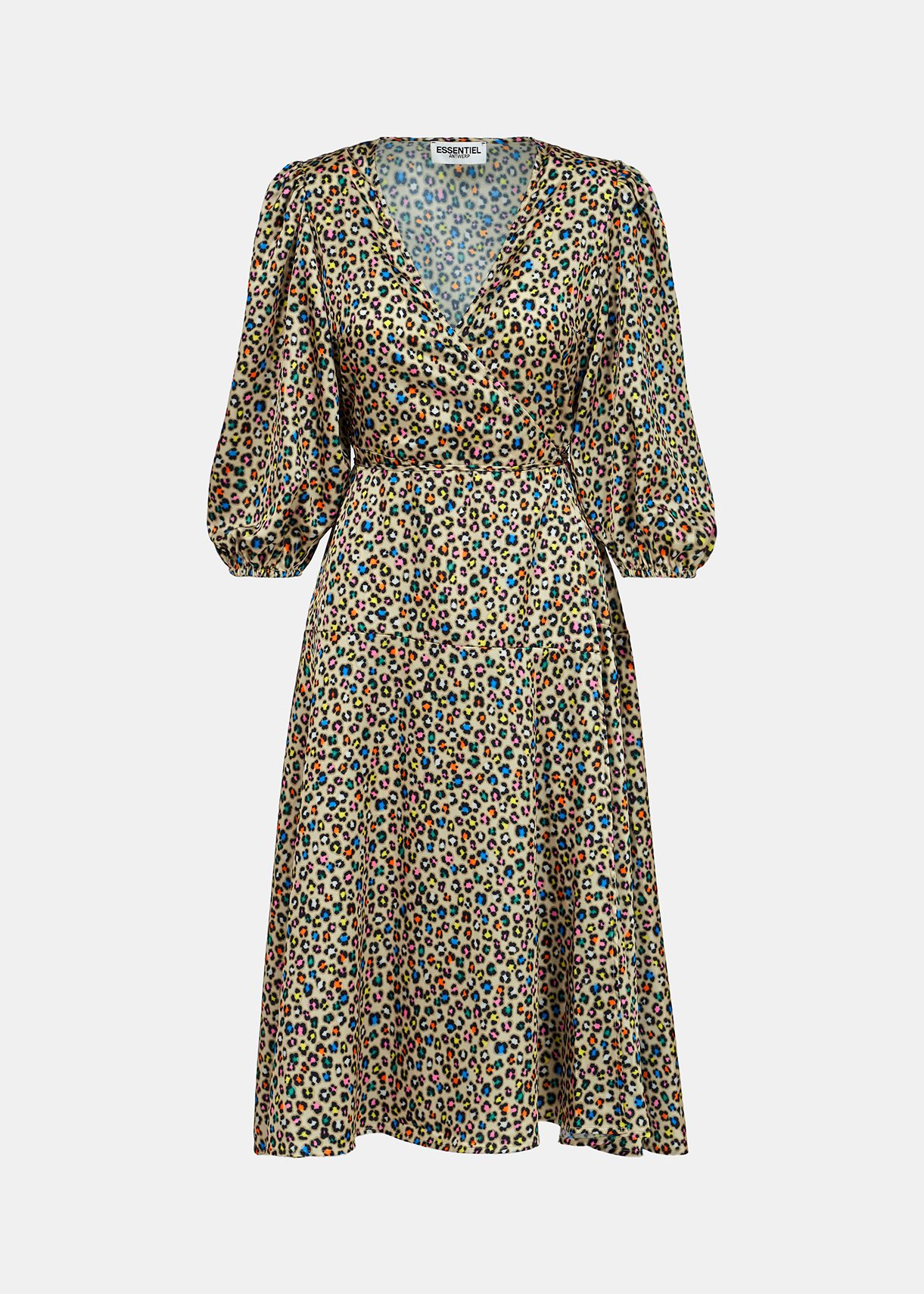 Beige midi-wikkeljurk met kleurrijke luipaardprint