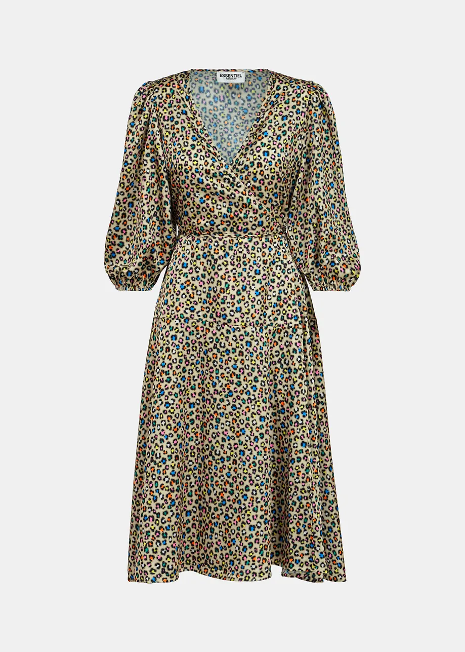 Robe portefeuille beige mi-longue à imprimé léopard