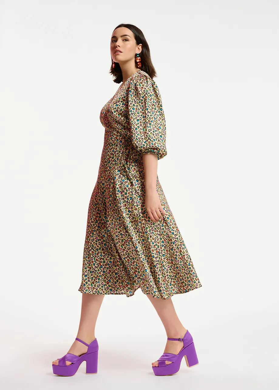 Beige midi-length wrap dress with multicolor leopard print