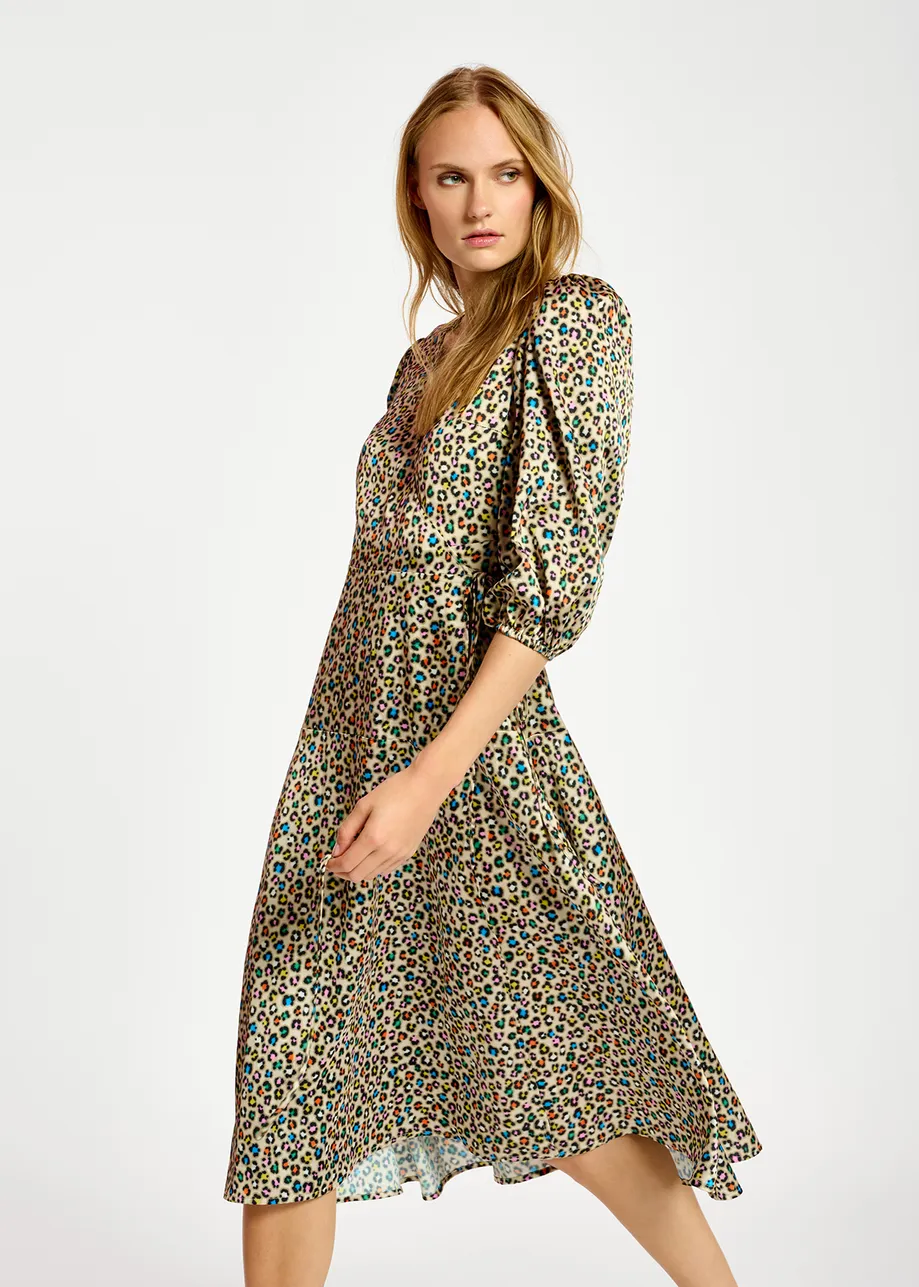 Beige midi-length wrap dress with multicolor leopard print