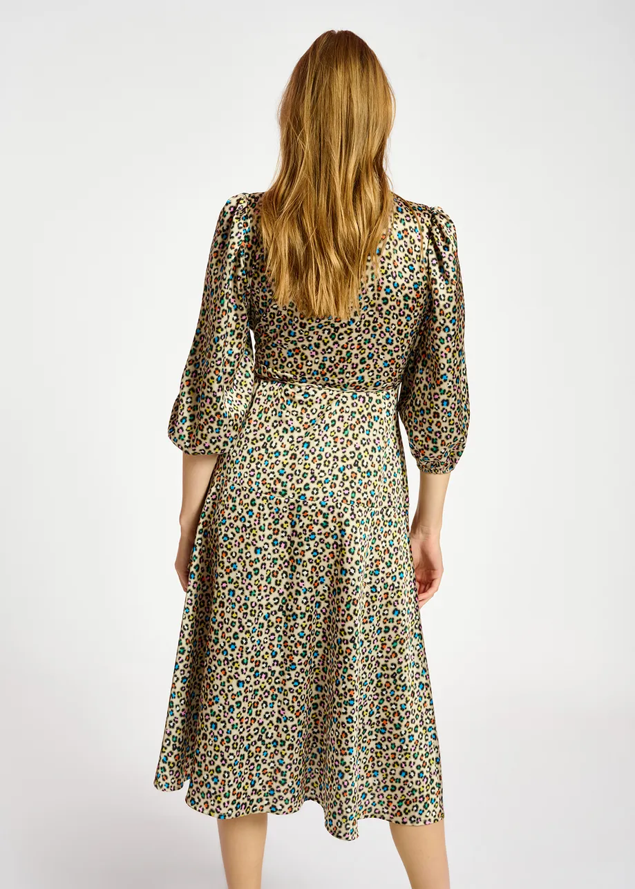 Beige midi-length wrap dress with multicolor leopard print