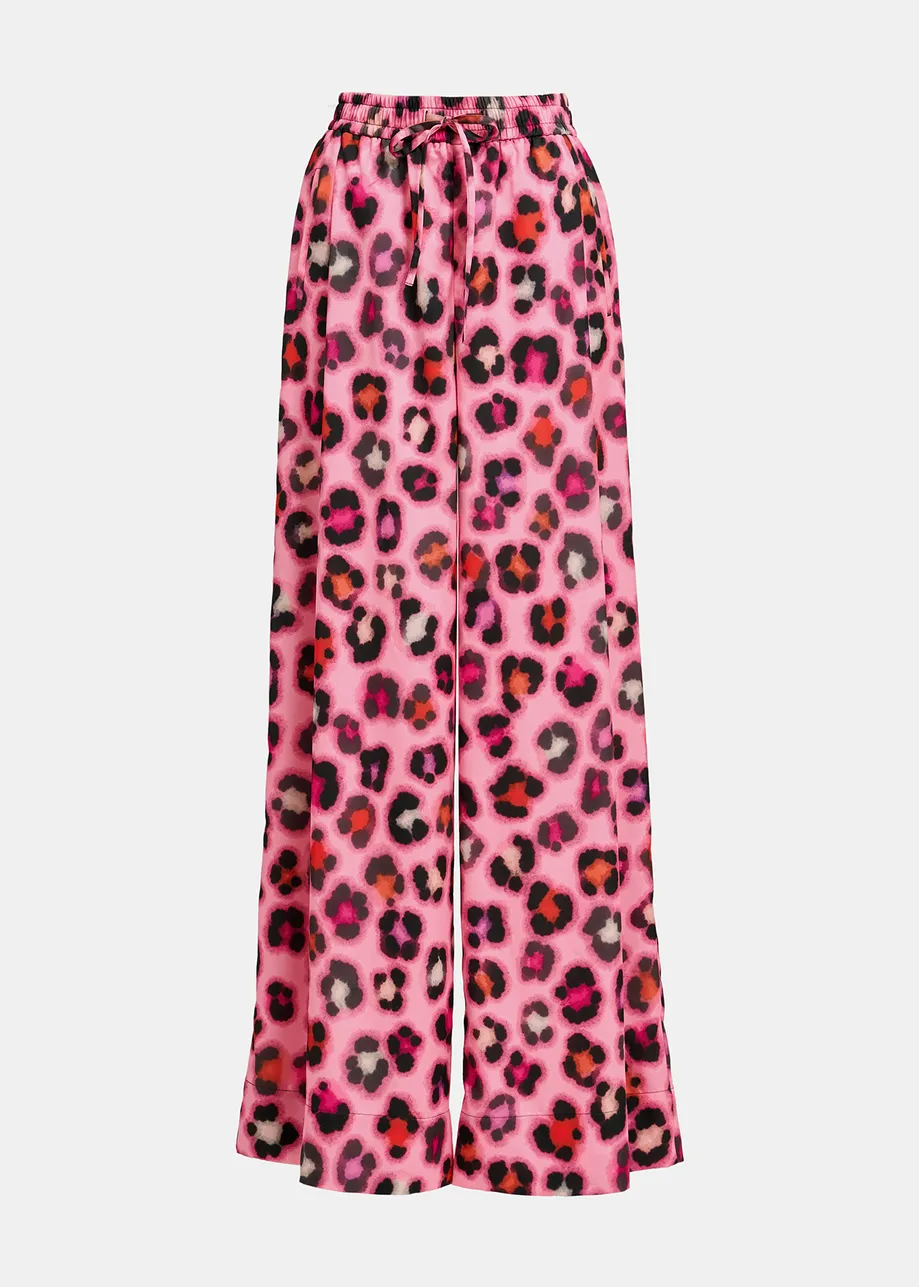Roze brede broek met kleurrijke luipaardprint