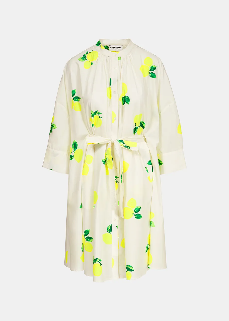 White cotton knee-length shirt dress with lemon print