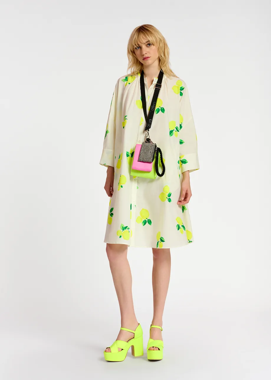 White cotton knee-length shirt dress with lemon print