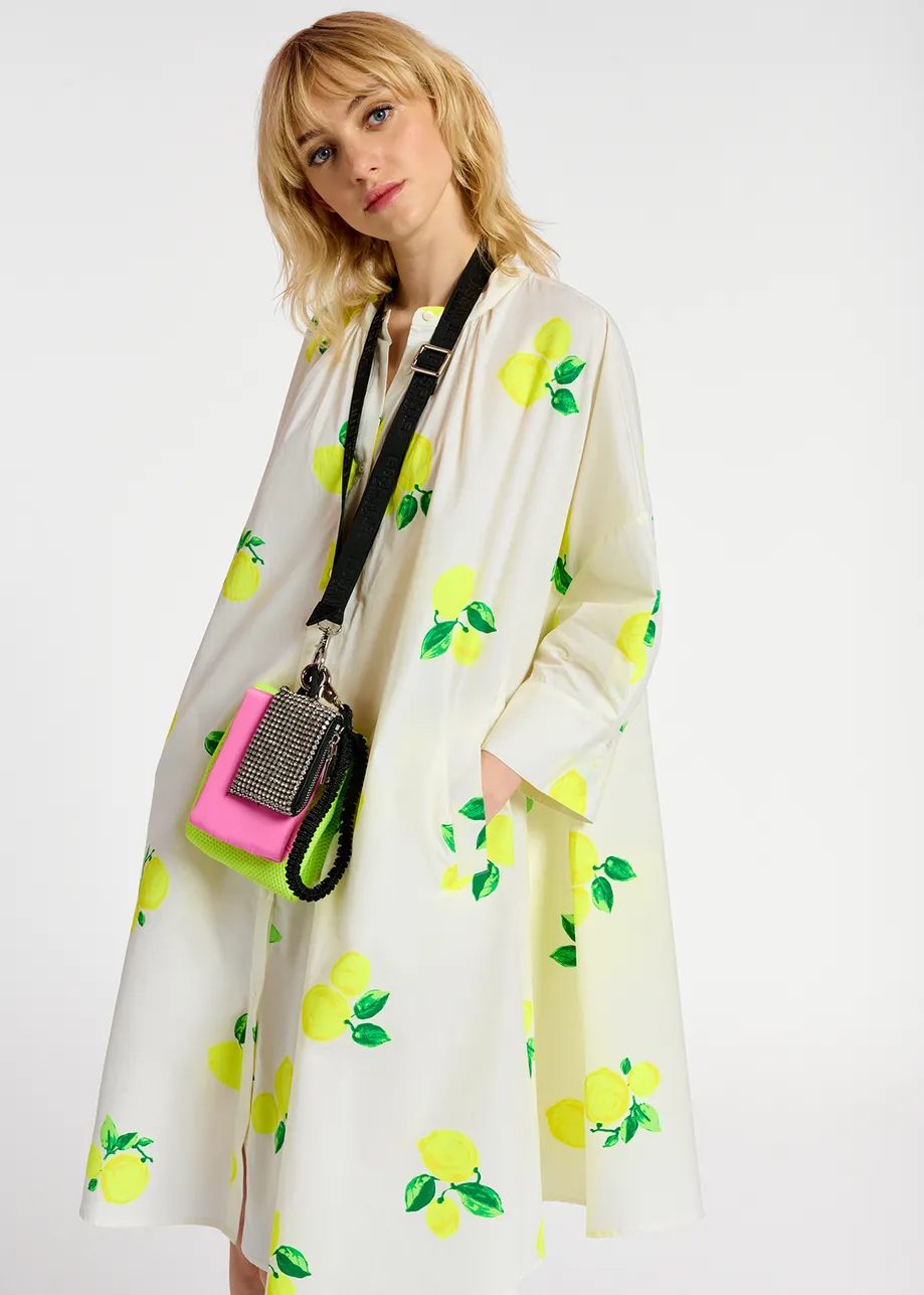 White cotton knee-length shirt dress with lemon print