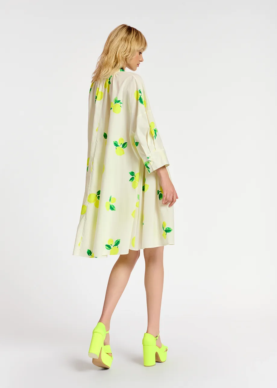 White cotton knee-length shirt dress with lemon print