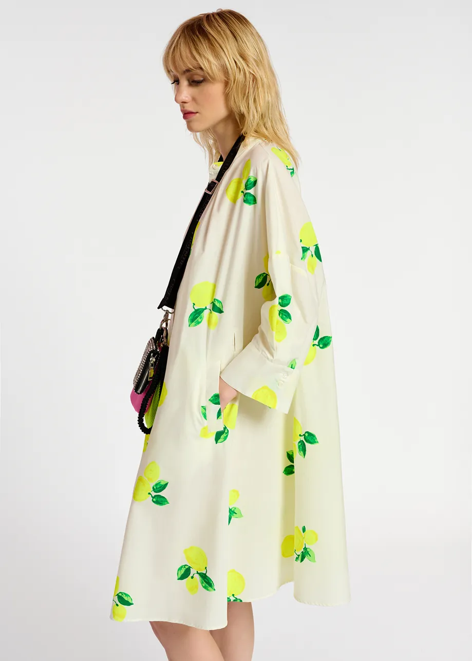 White cotton knee-length shirt dress with lemon print
