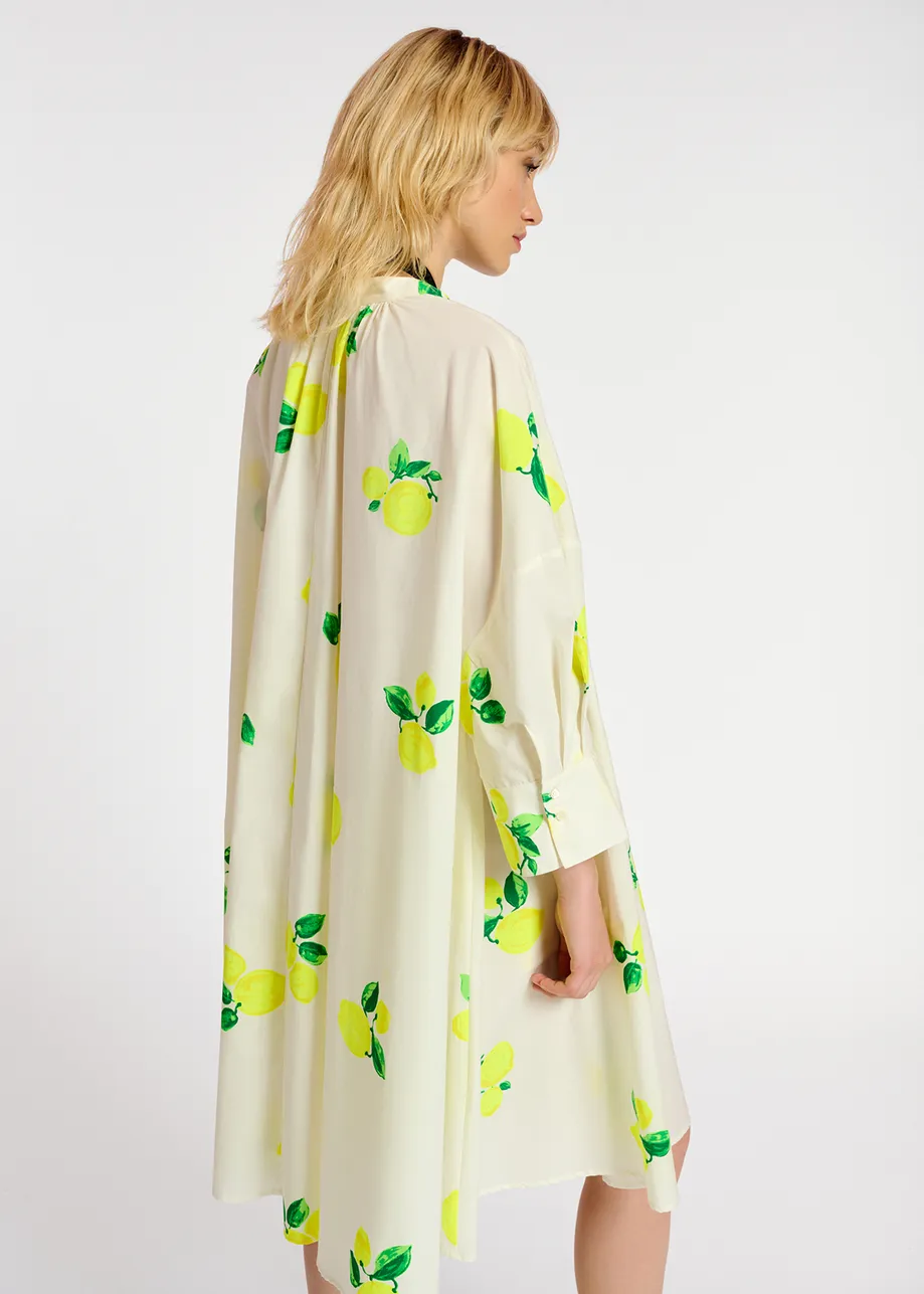 White cotton knee-length shirt dress with lemon print