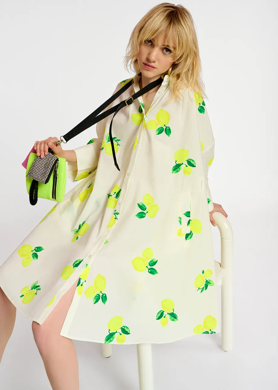 White cotton knee-length shirt dress with lemon print