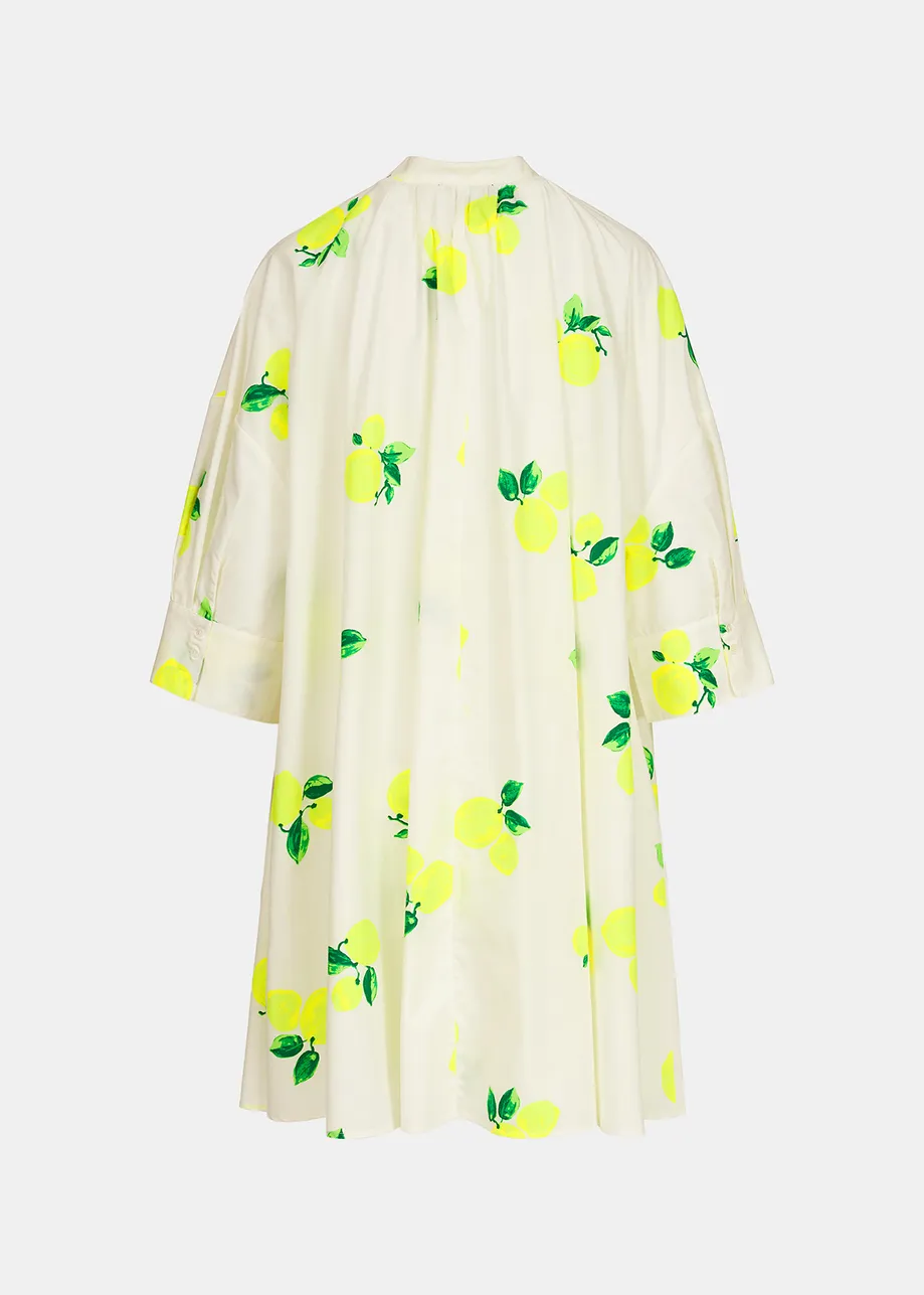 White cotton knee-length shirt dress with lemon print