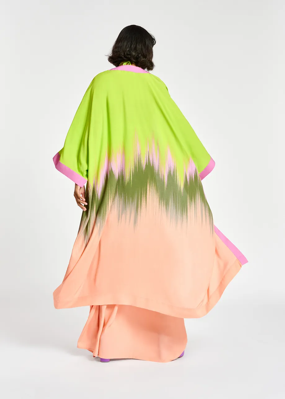 Lime green, peach and khaki kimono with dip-dyed effect