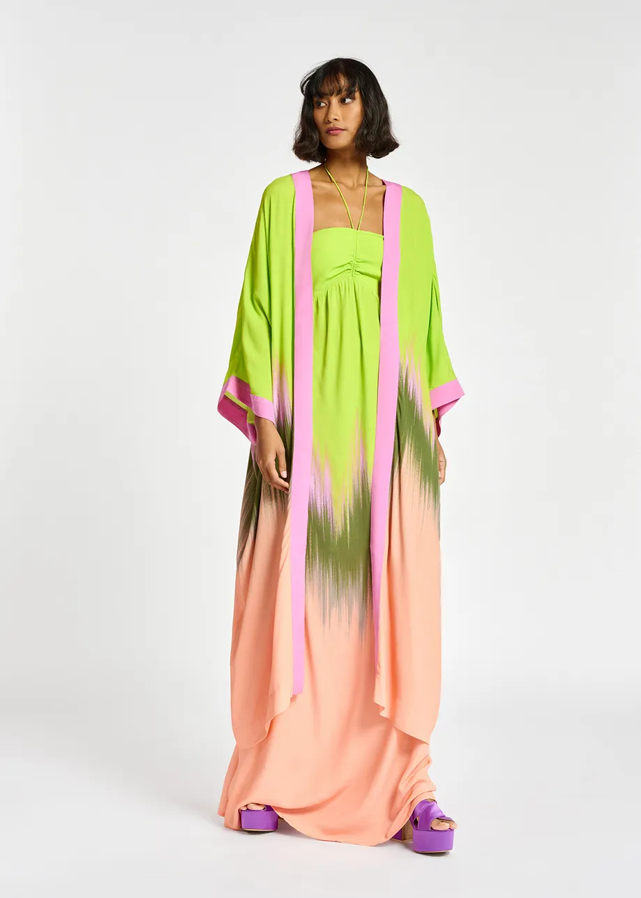 Lime green, peach and khaki kimono with dip-dyed effect