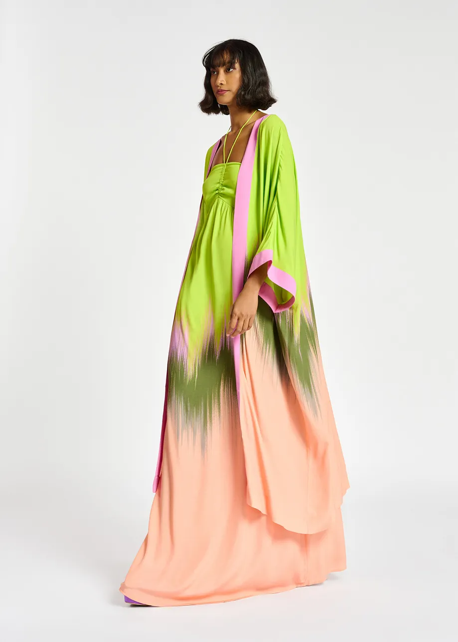 Lime green, peach and khaki kimono with dip-dyed effect