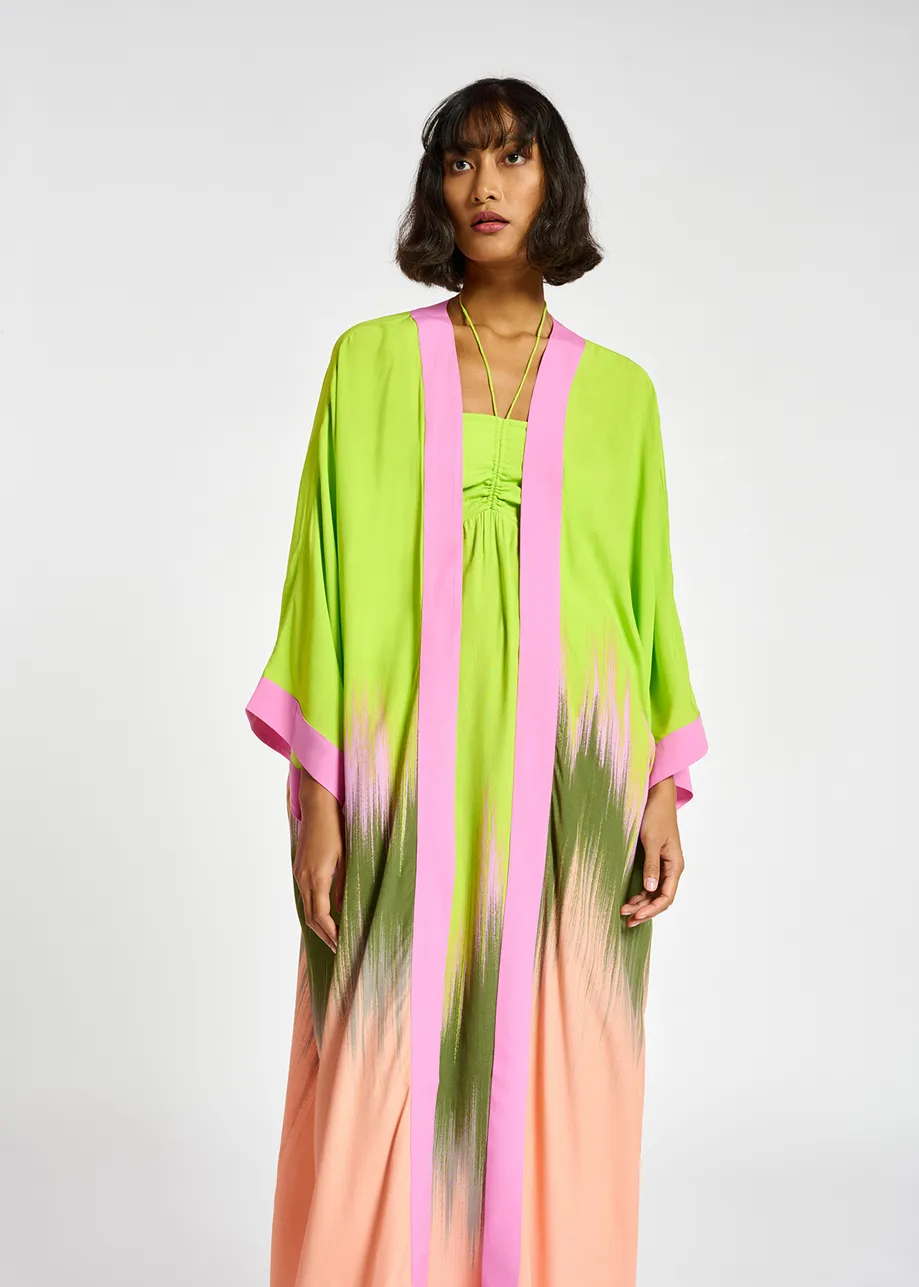 Lime green, peach and khaki kimono with dip-dyed effect