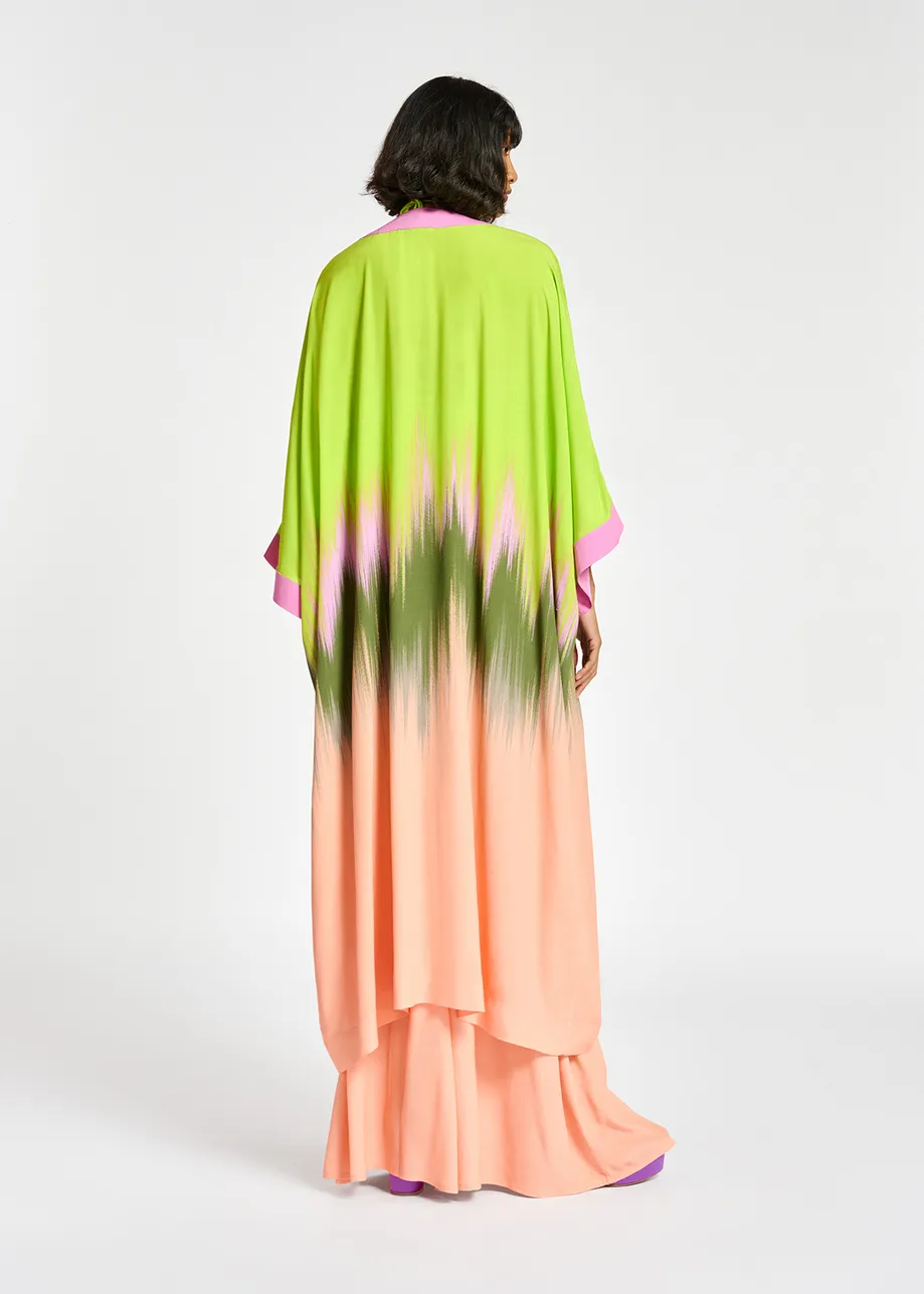 Lime green, peach and khaki kimono with dip-dyed effect