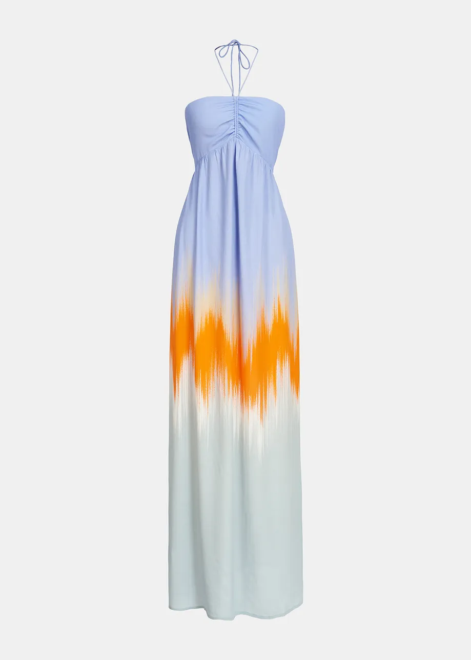 Light blue and orange maxi-length halterneck dress