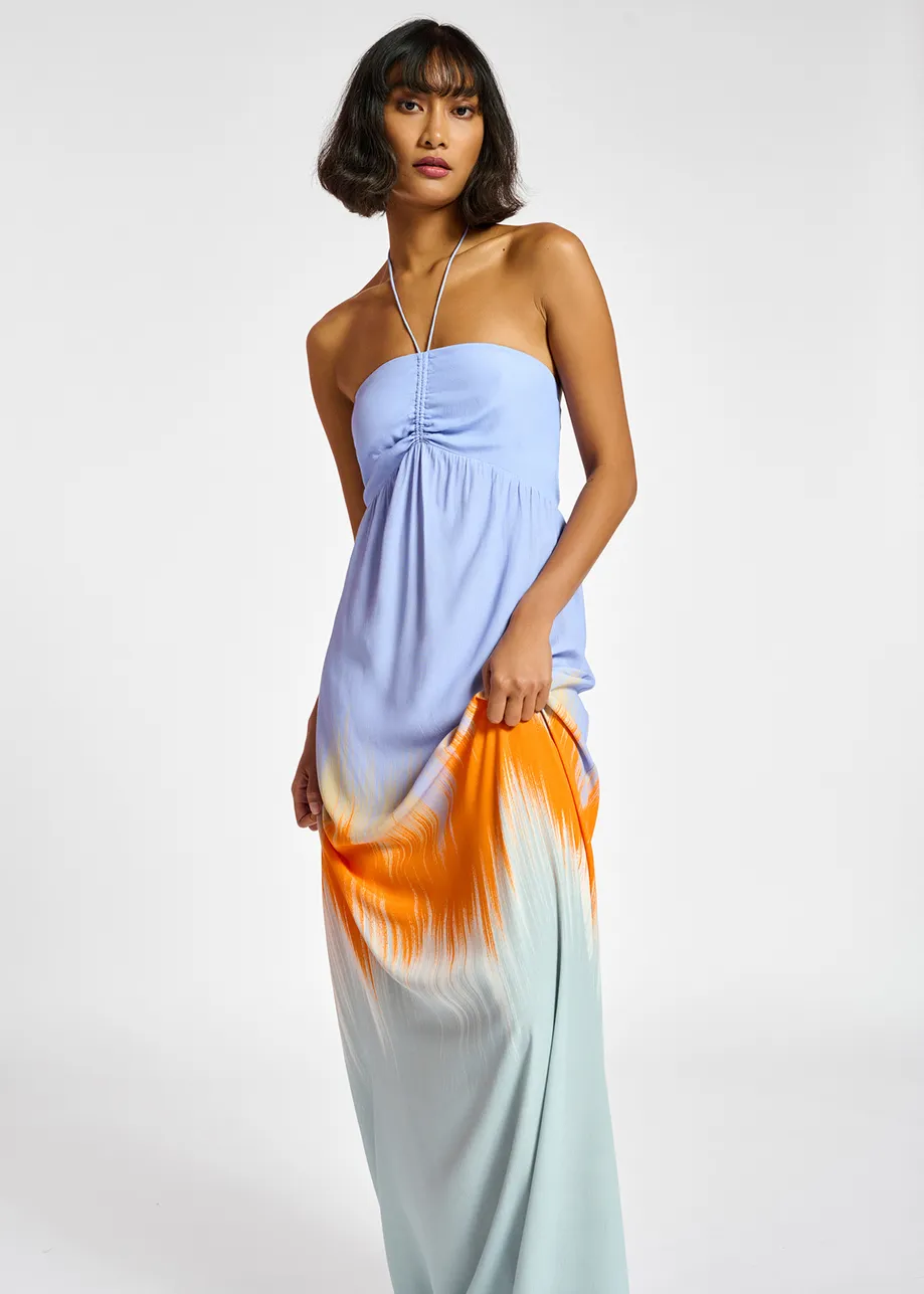 Light blue and orange maxi-length halterneck dress