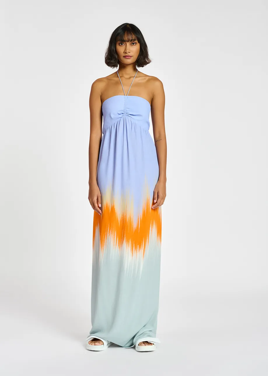 Light blue and orange maxi-length halterneck dress