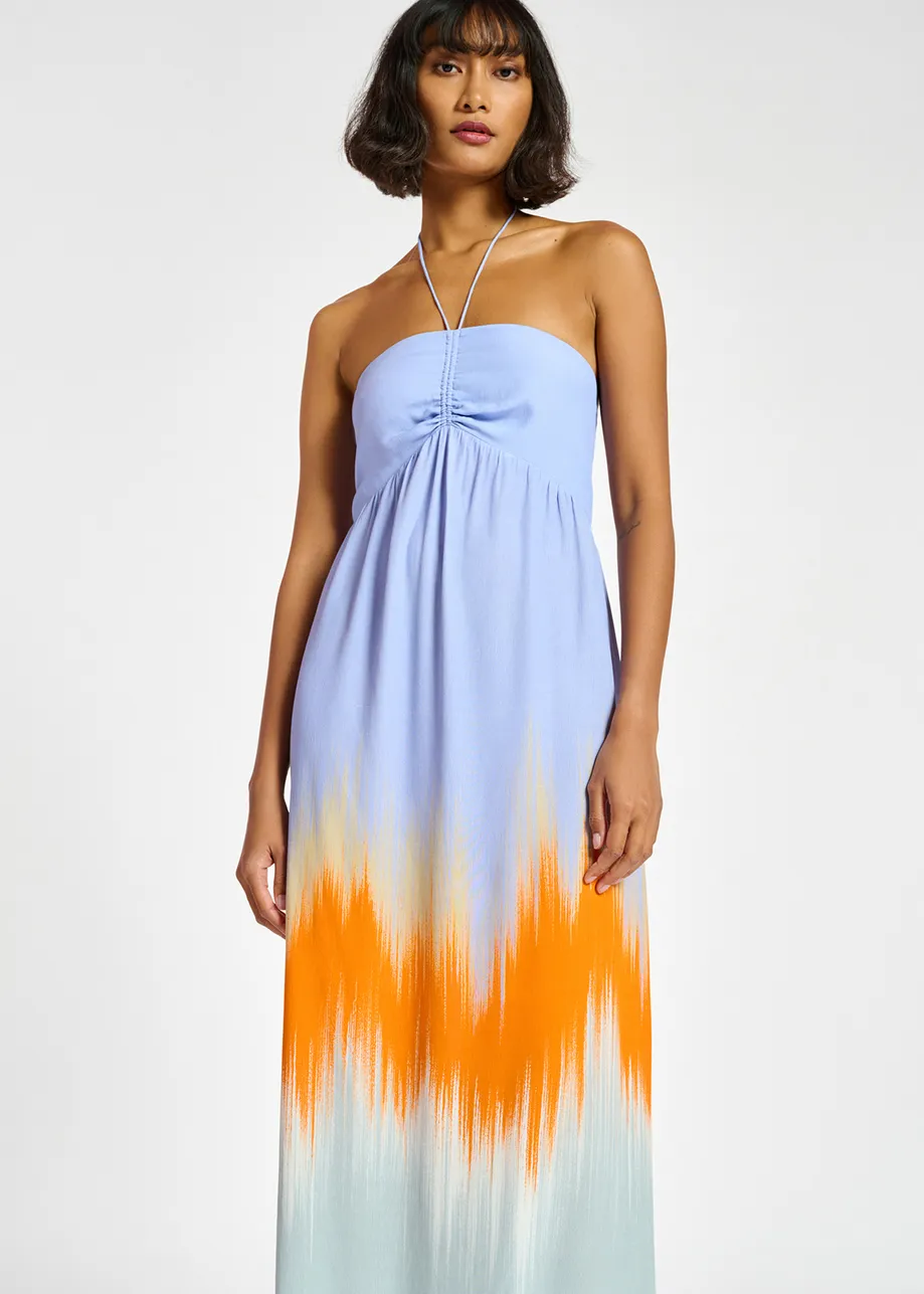Light blue and orange maxi-length halterneck dress