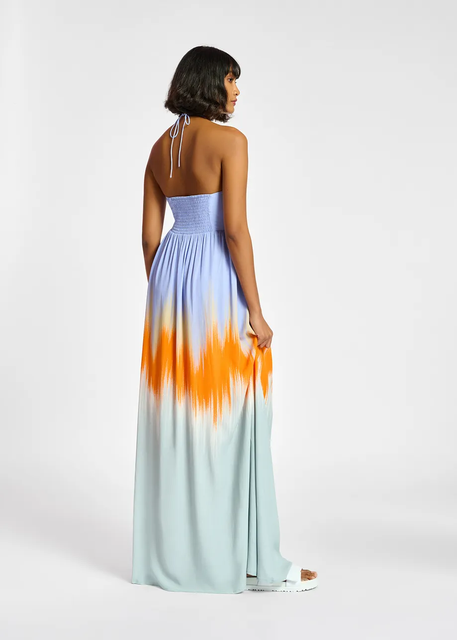 Light blue and orange maxi-length halterneck dress