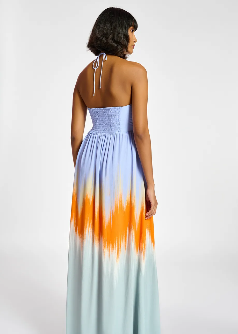 Light blue and orange maxi-length halterneck dress