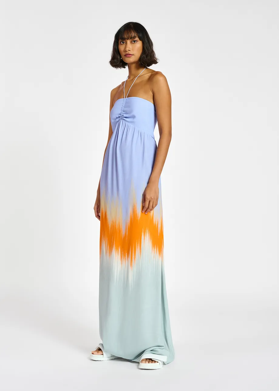 Light blue and orange maxi-length halterneck dress