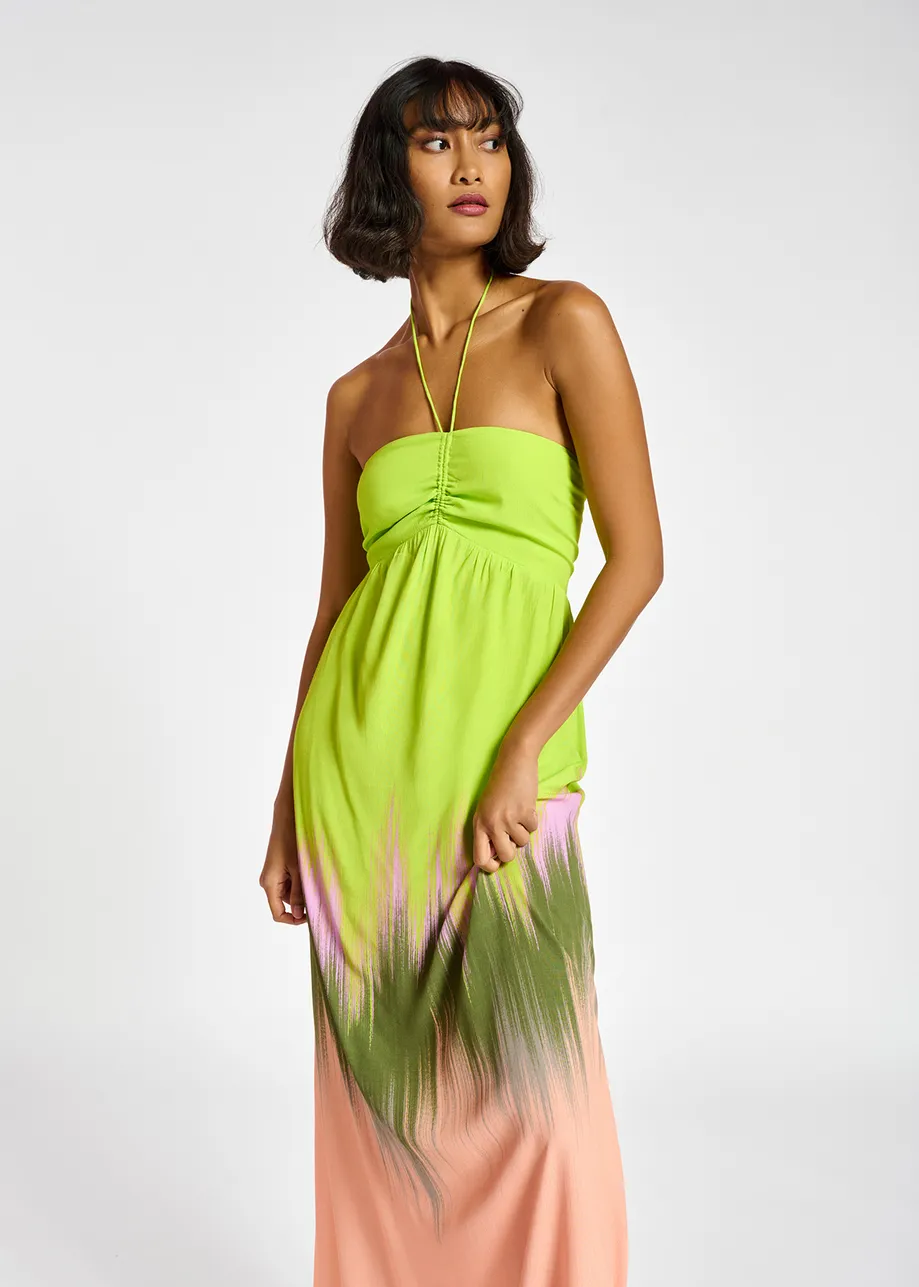 Lime green, peach and khaki maxi-length halterneck dress