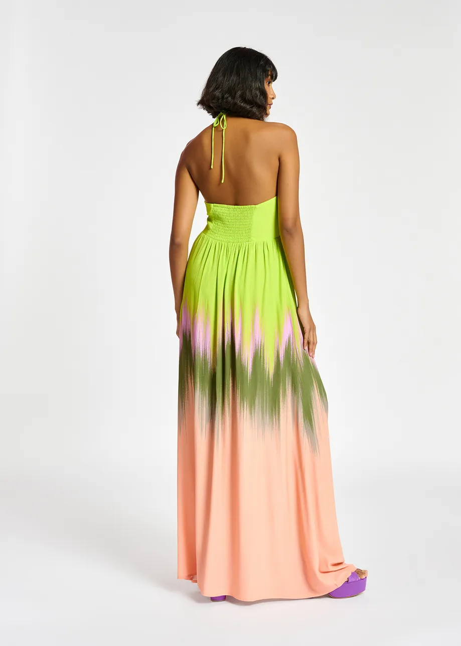 Lime green, peach and khaki maxi-length halterneck dress