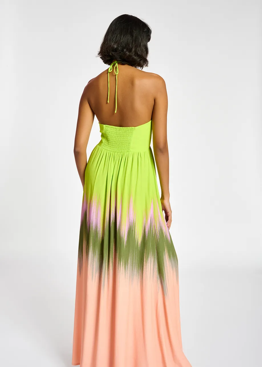 Lime green, peach and khaki maxi-length halterneck dress