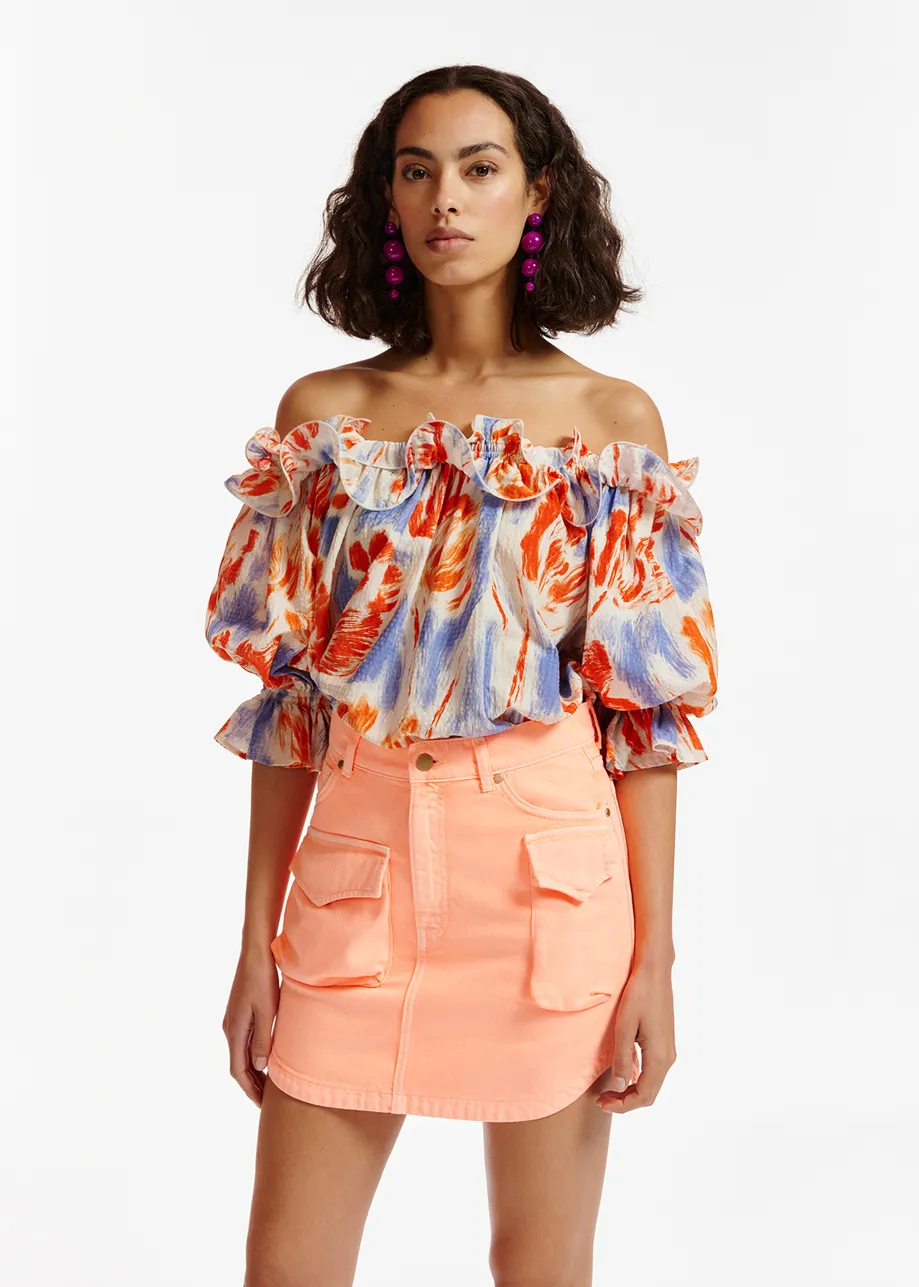 Light blue and orange floral print off-the-shoulder top