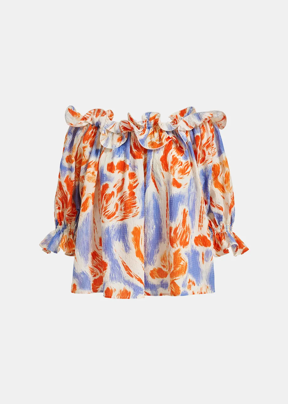 Light blue and orange floral print off-the-shoulder top