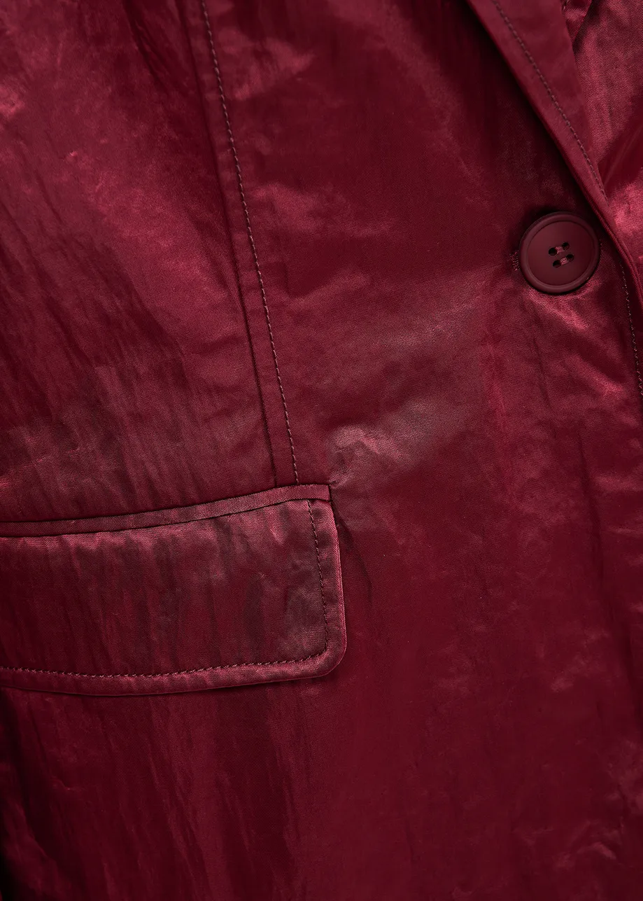 Burgundy single-breasted satin blazer
