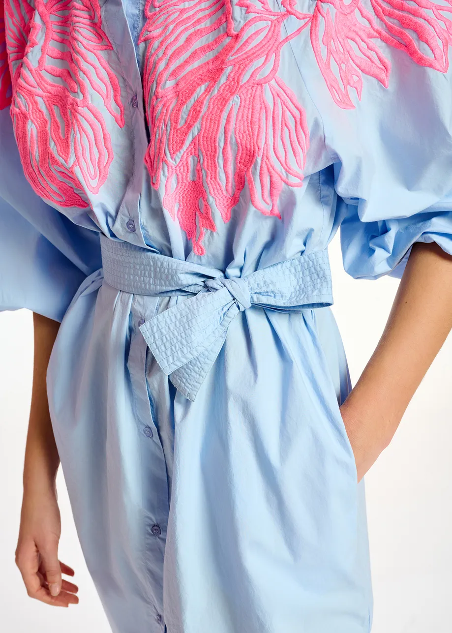 Blue cotton knee-length shirt dress