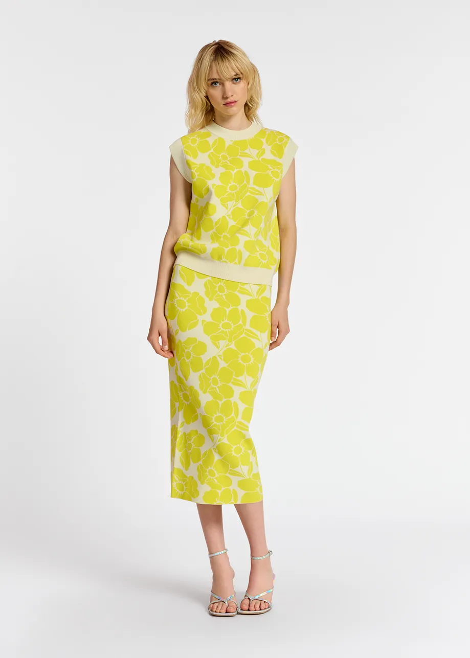 Off-white and yellow floral jacquard-knit midi skirt
