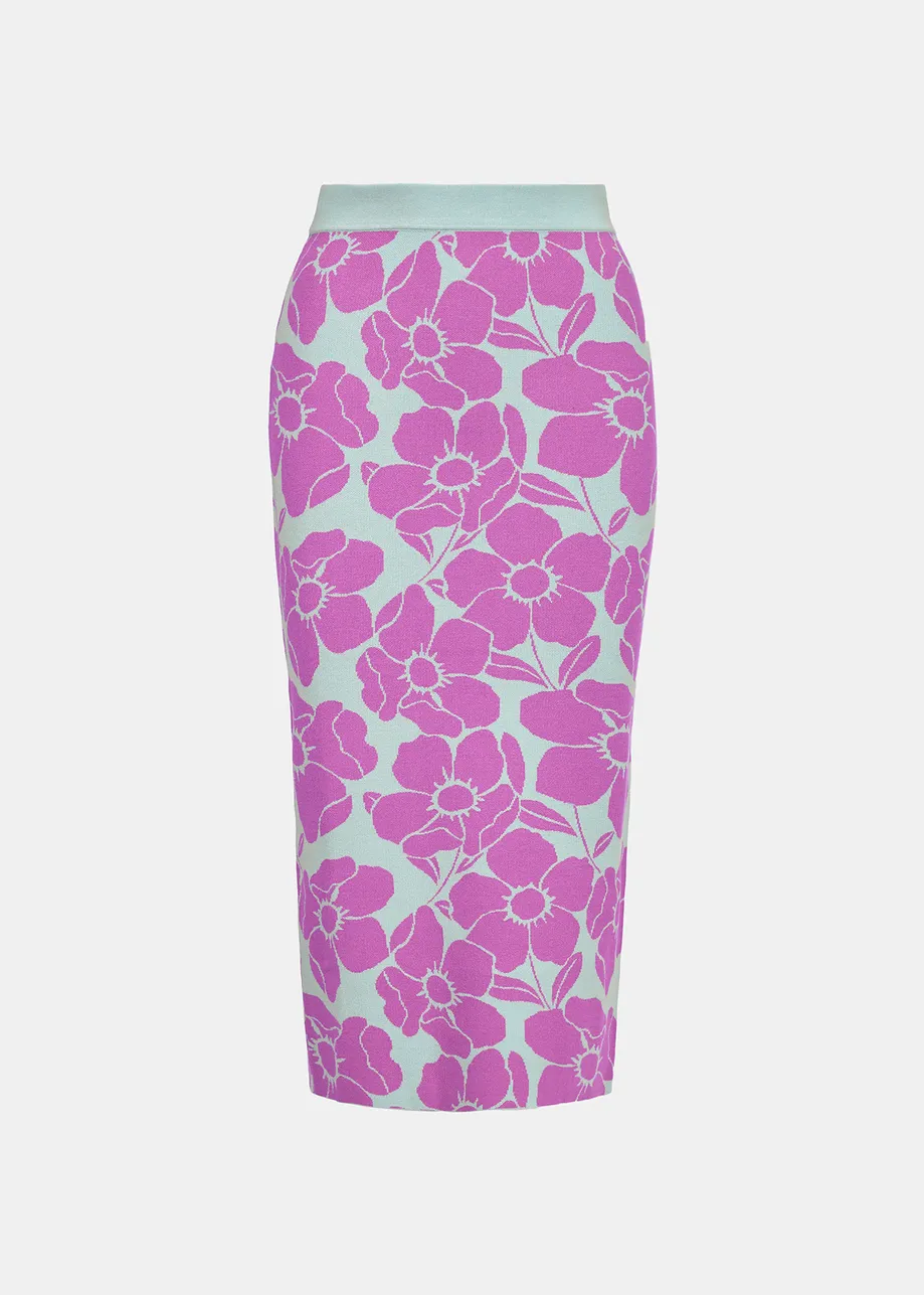 Light blue and purple floral jacquard-knit midi skirt