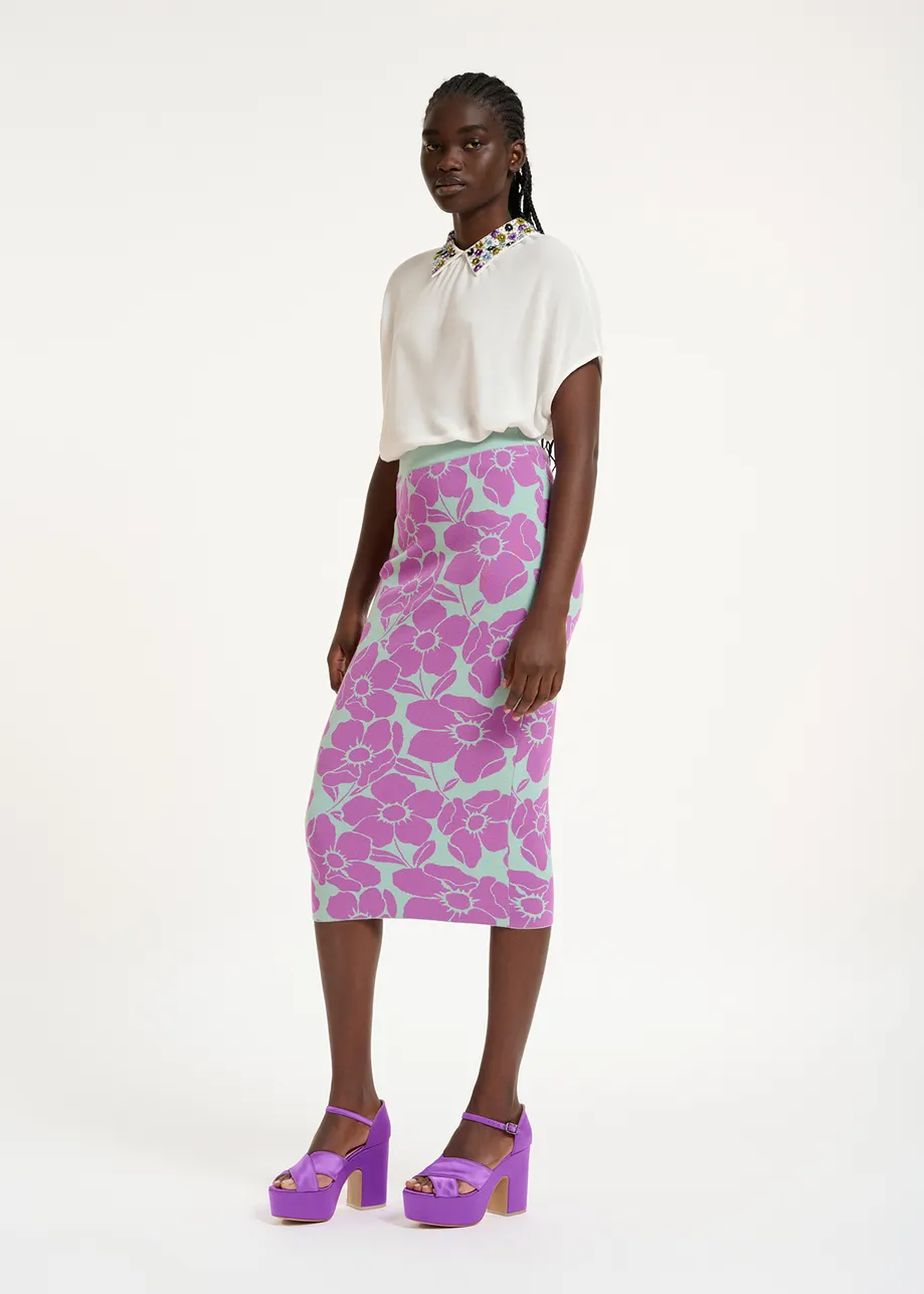 Light blue and purple floral jacquard-knit midi skirt