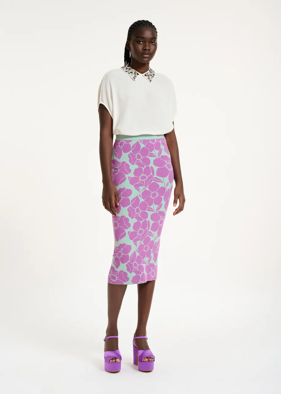 Light blue and purple floral jacquard-knit midi skirt