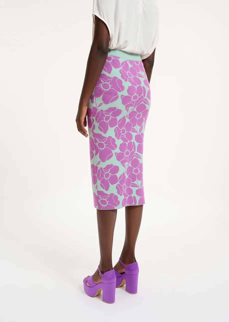 Light blue and purple floral jacquard-knit midi skirt