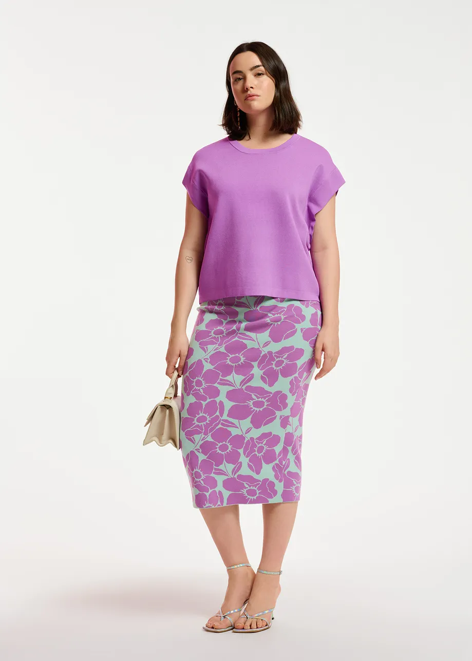 Light blue and purple floral jacquard-knit midi skirt