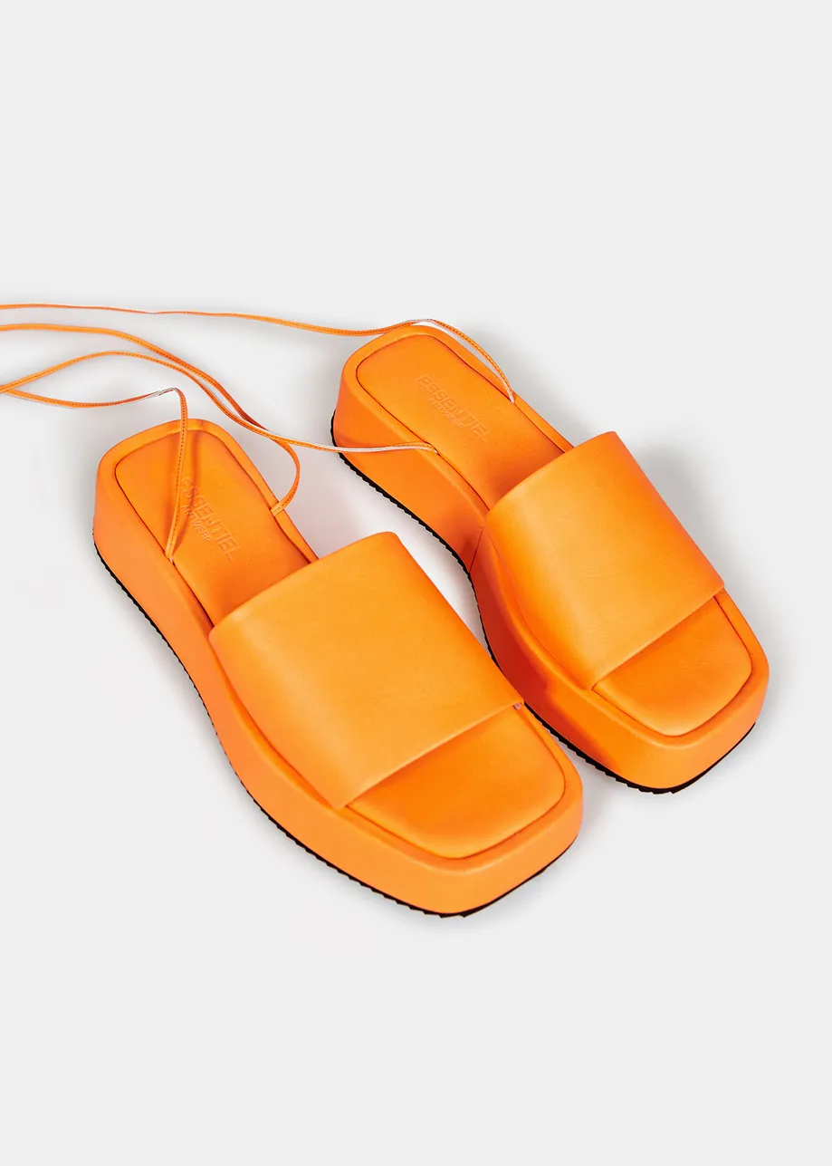 Sandales compensées en cuir orange néon avec liens