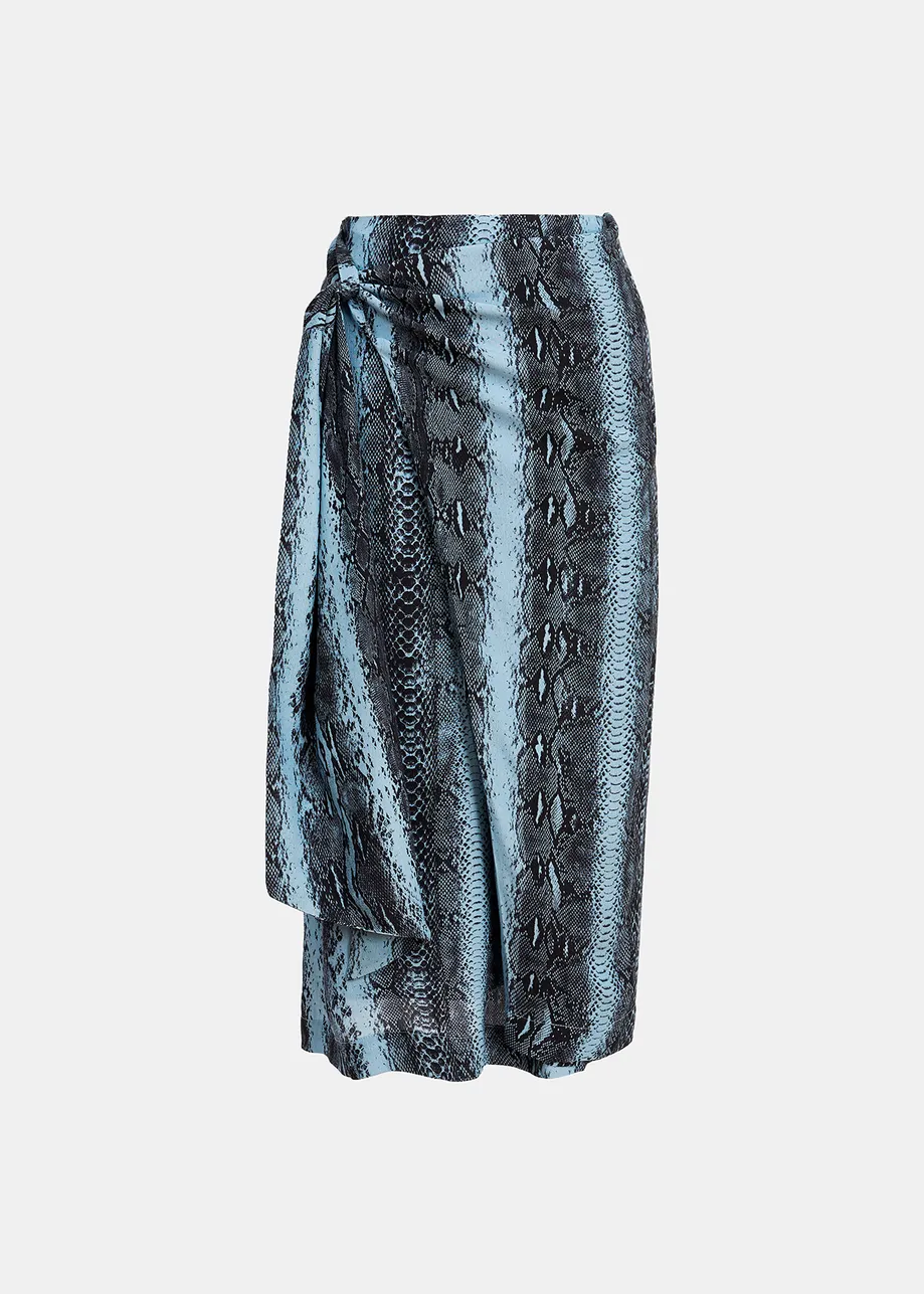 Blue and black snake-print midi skirt