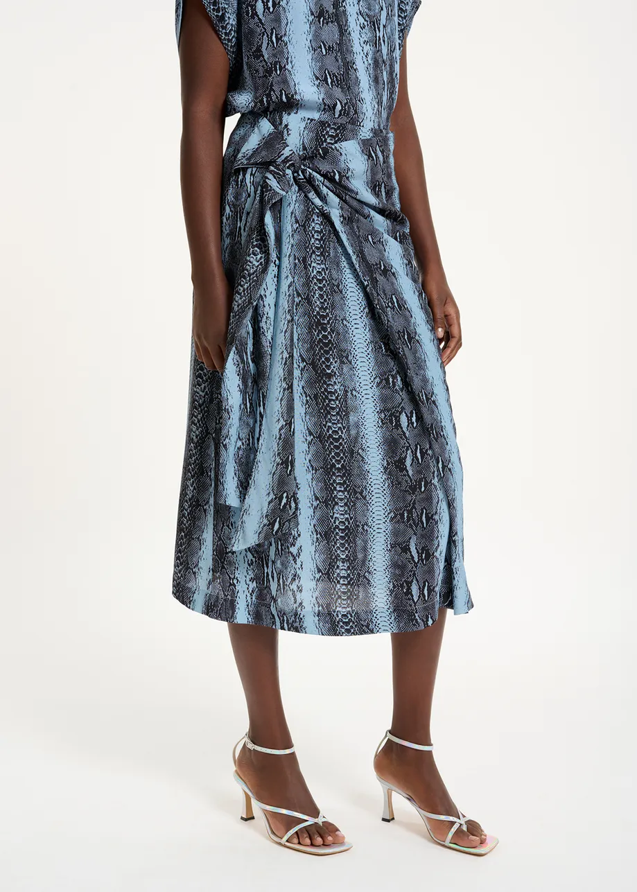 Blue and black snake-print midi skirt