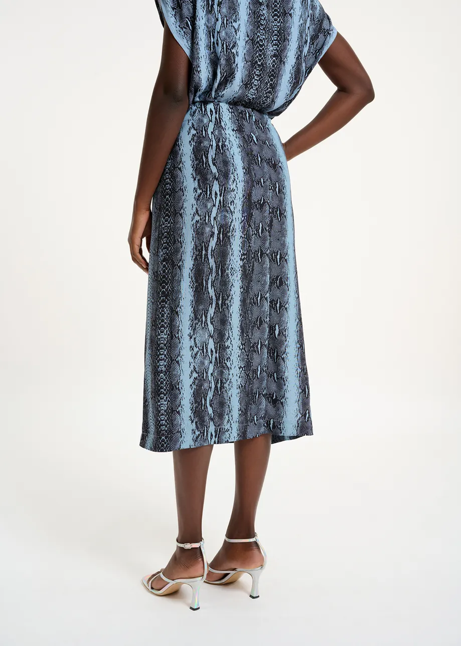 Blue and black snake-print midi skirt