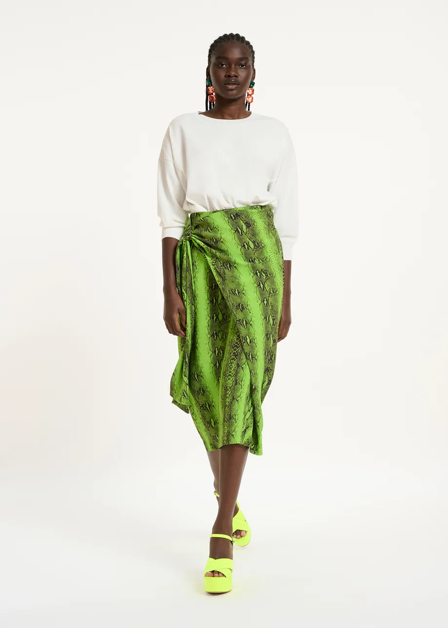 Lime green and black snake-print midi skirt