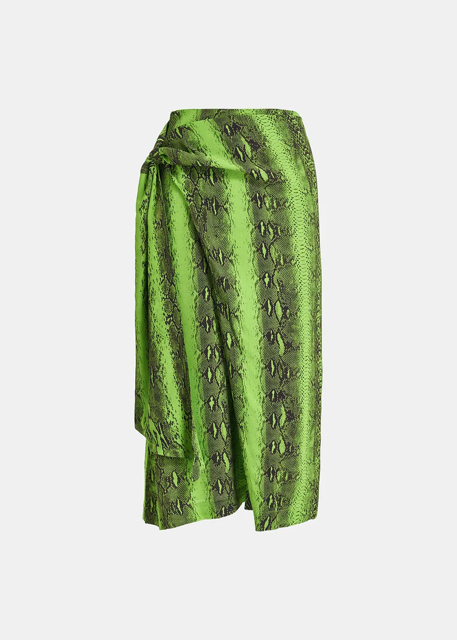 Lime green and black snake-print midi skirt