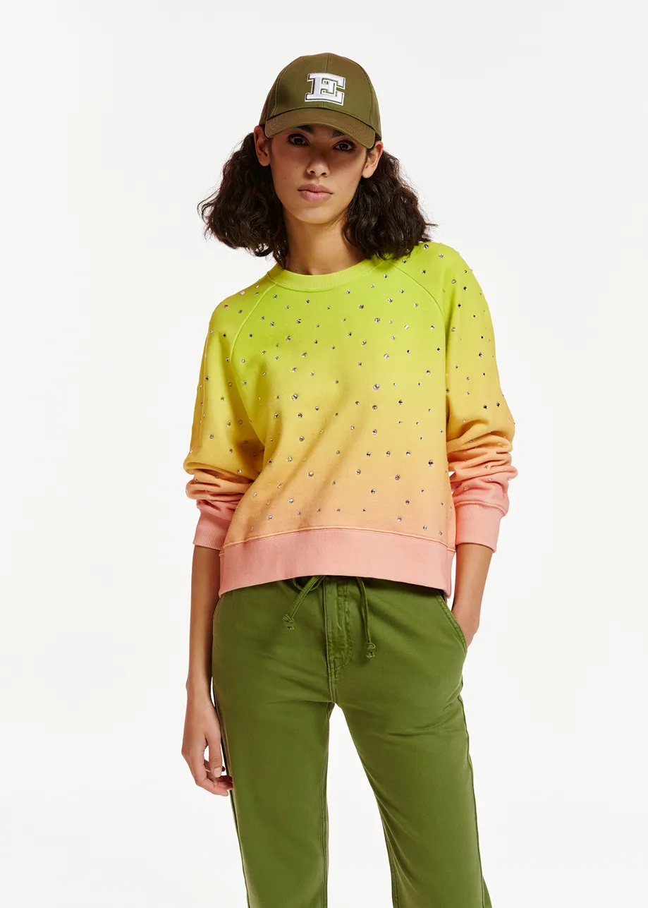 Yellow, orange and pink sweatshirt with rhinestone embellishments
