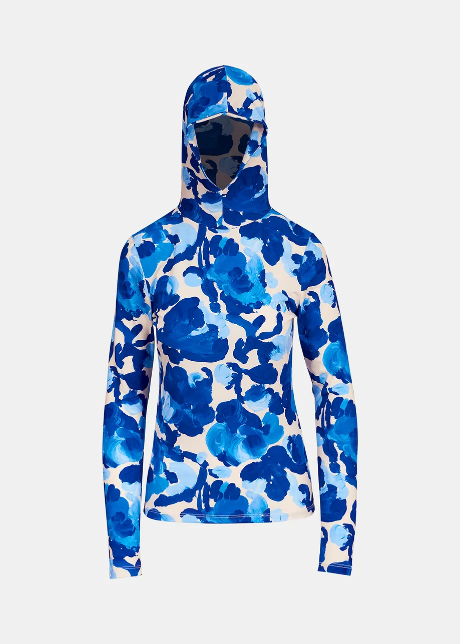 Top met witte en blauwe bloemenprint en capuchon