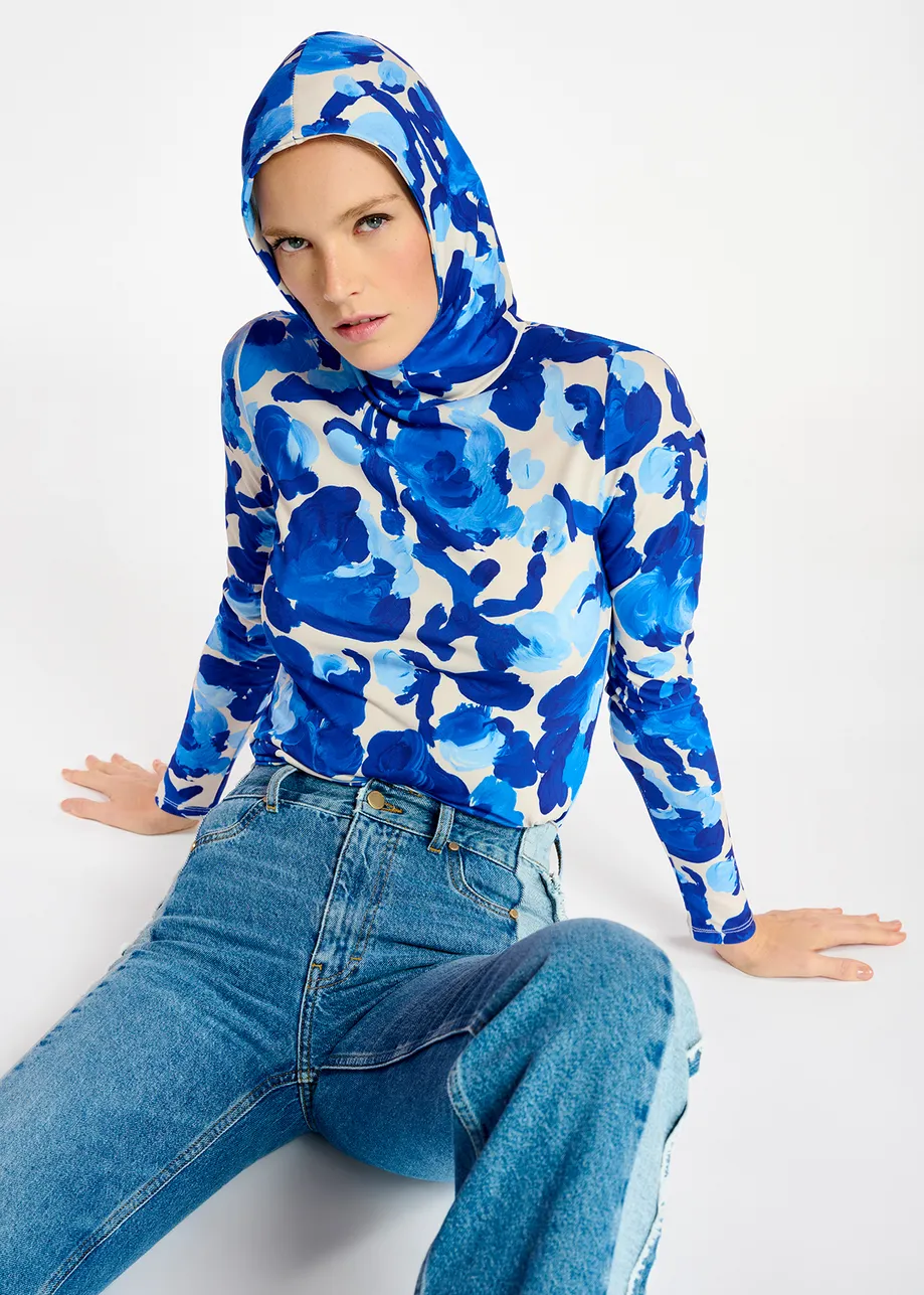 White and blue floral print hooded top