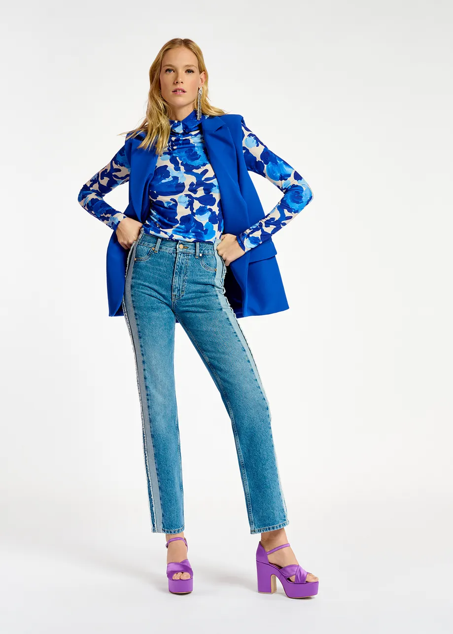 White and blue floral print hooded top